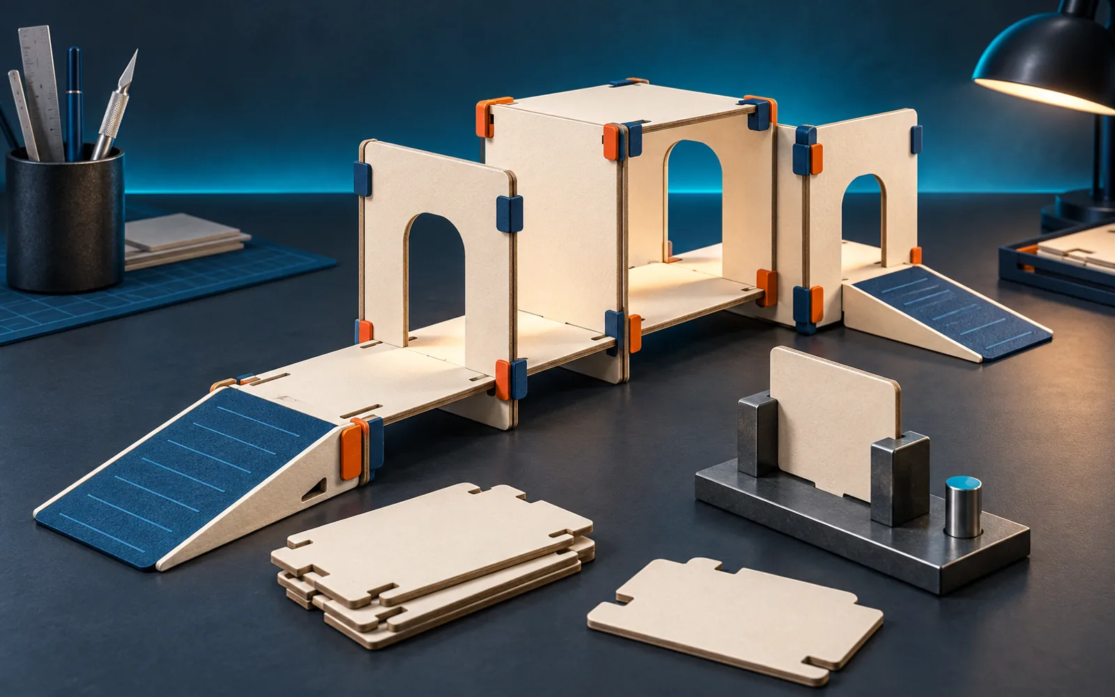 Modular card panels locking into a validated interaction pathway on a precision workbench.