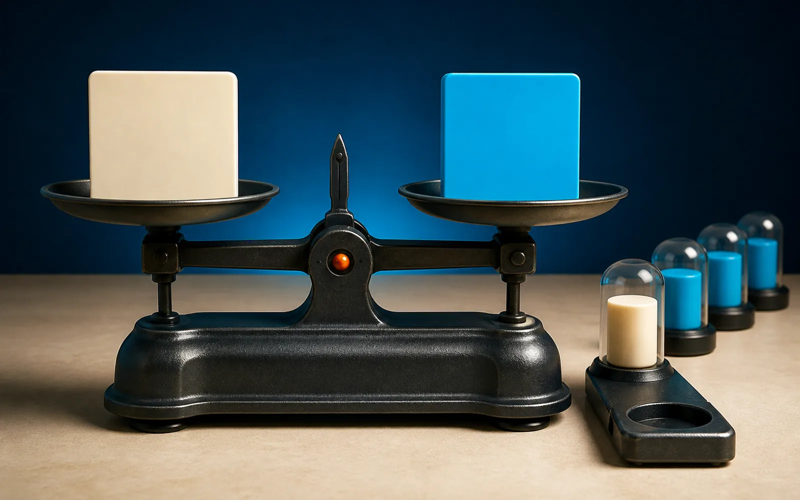 A dark precision balance compares plain warm-paper and cyan answer tiles, with isolated test capsules queued beside it.