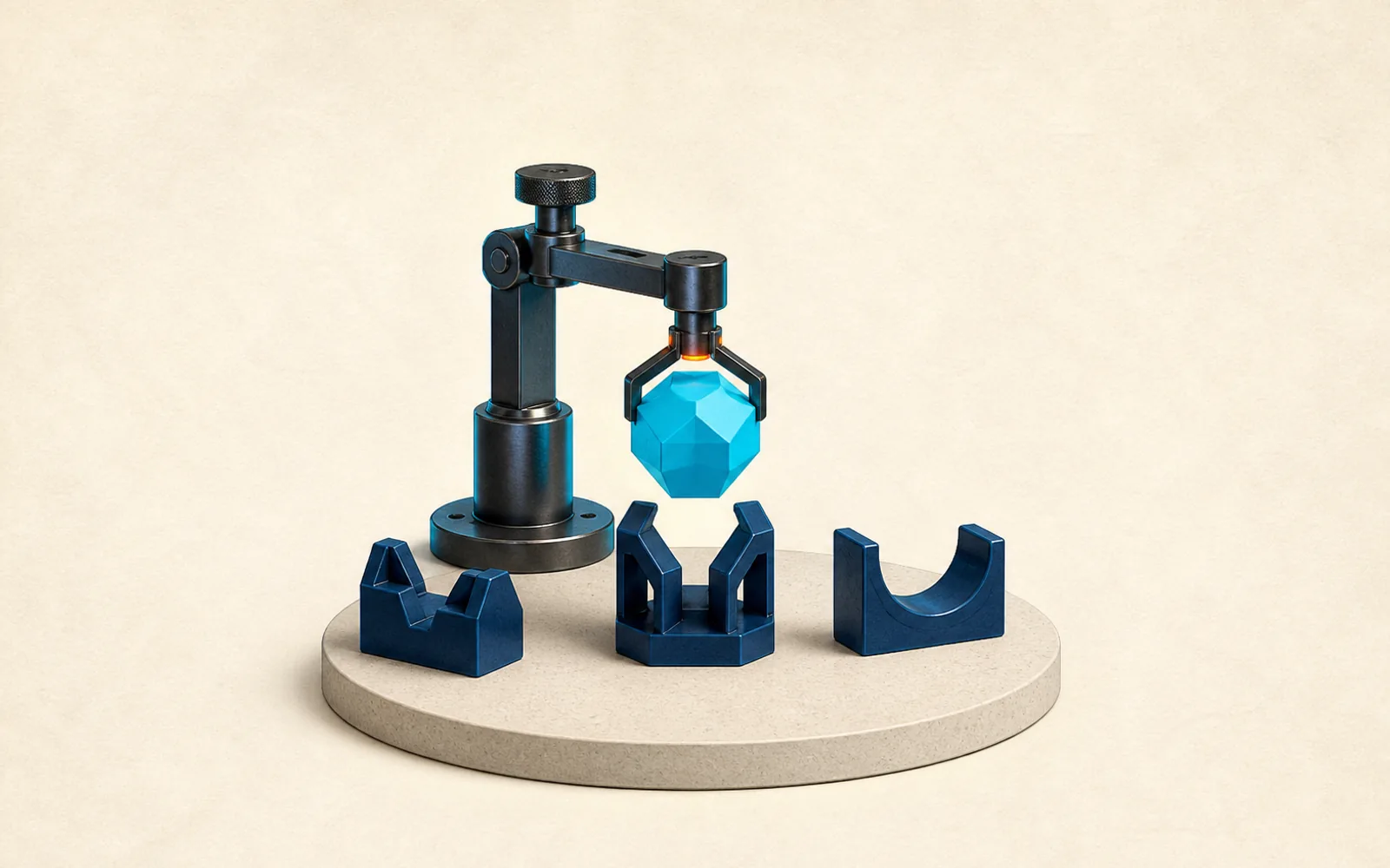 Precision selector holding a faceted cyan workload core above one of three distinct support frames.