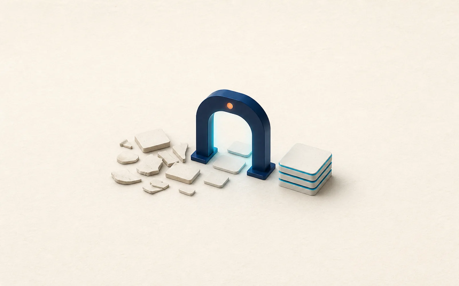Blank fragments passing through a navy readiness arch and emerging as a clean stack of aligned tiles.