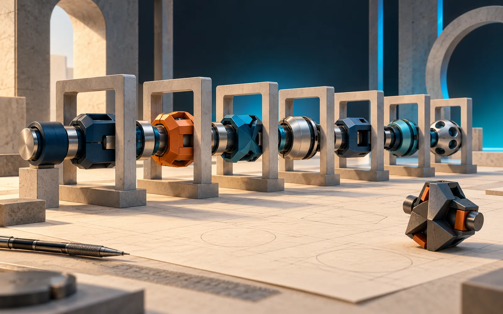 Modular protocol connectors passing through unmarked inspection frames, with one incompatible module set aside