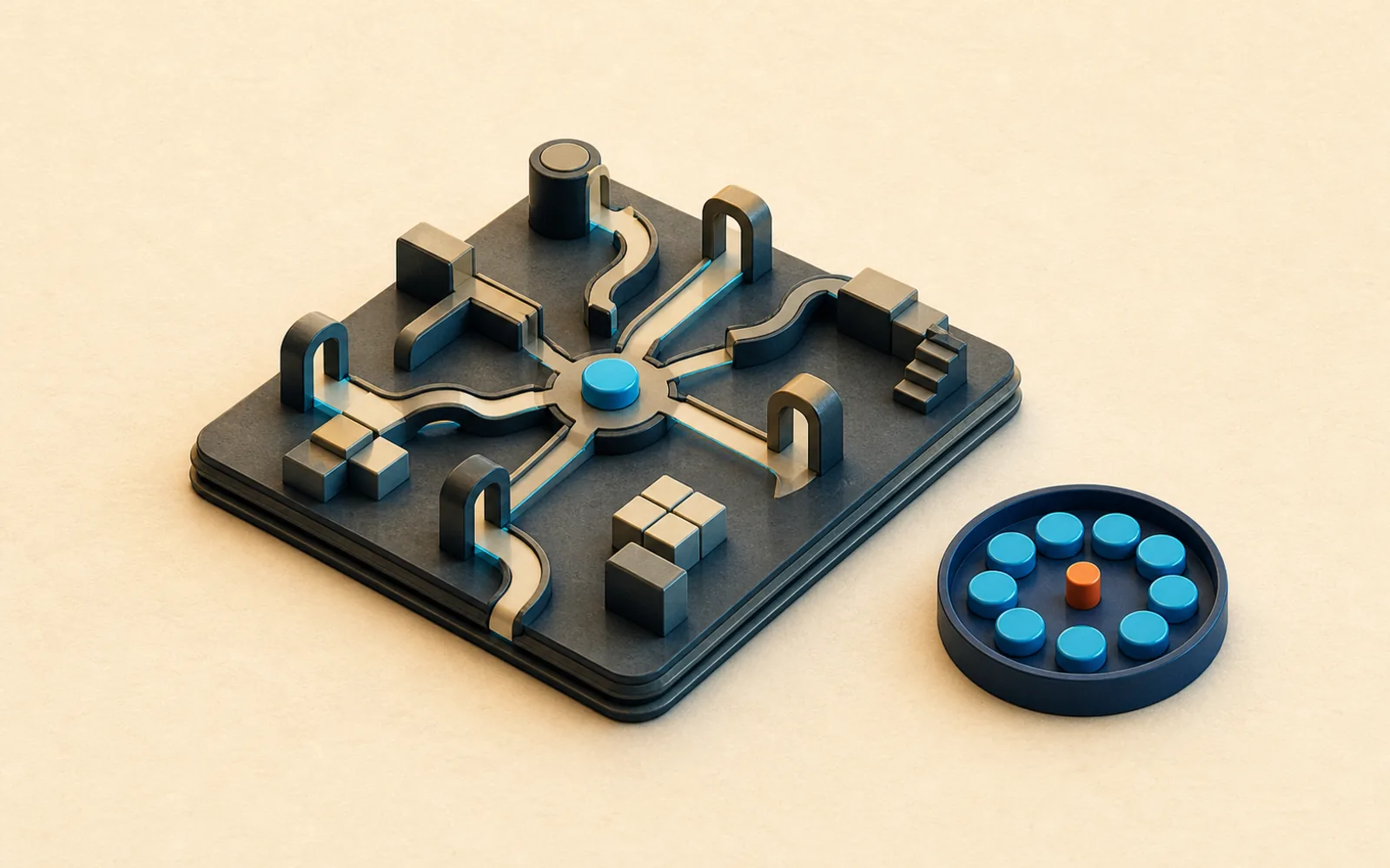 Miniature proving ground with branching challenge paths and a separate ring of repeatable outcome tokens.