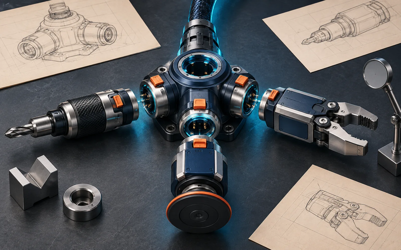 Secure engineering hub joining tool modules into a validated plugin assembly.