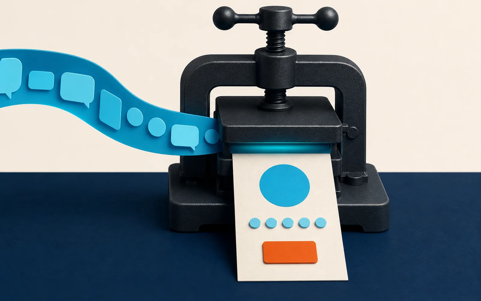 A dark editorial press turns a cyan ribbon of blank conversation tokens into a single warm-paper page with simple cyan and orange shapes.