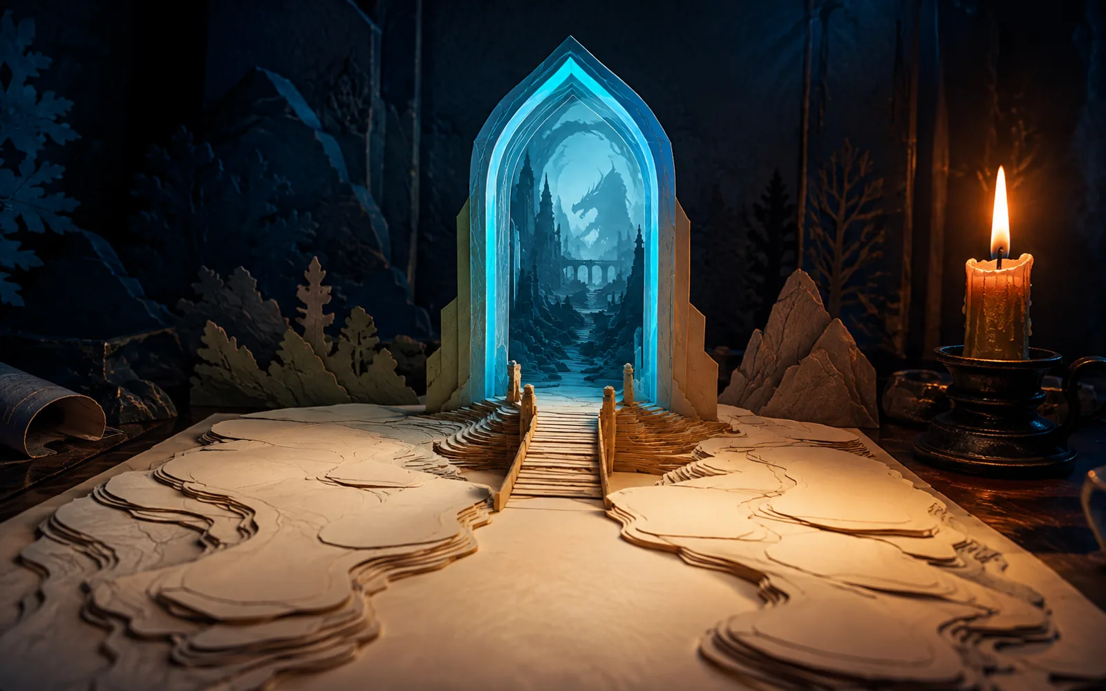Cyan-lit portal rising from a blank paper map, reached by a bridge beside a burning candle.