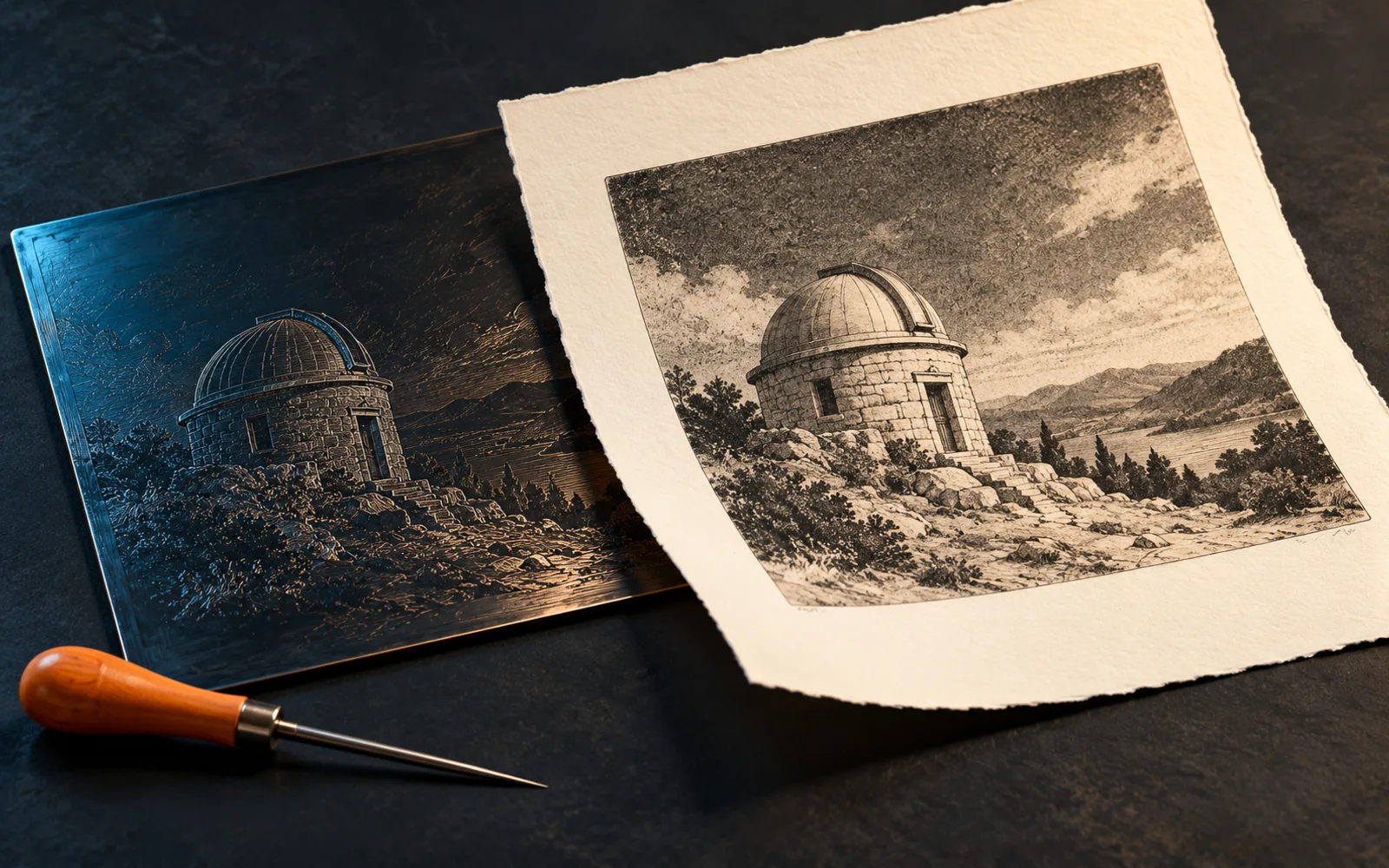 An ivory observatory print rests over a dark engraved plate beside an orange-handled etching needle.