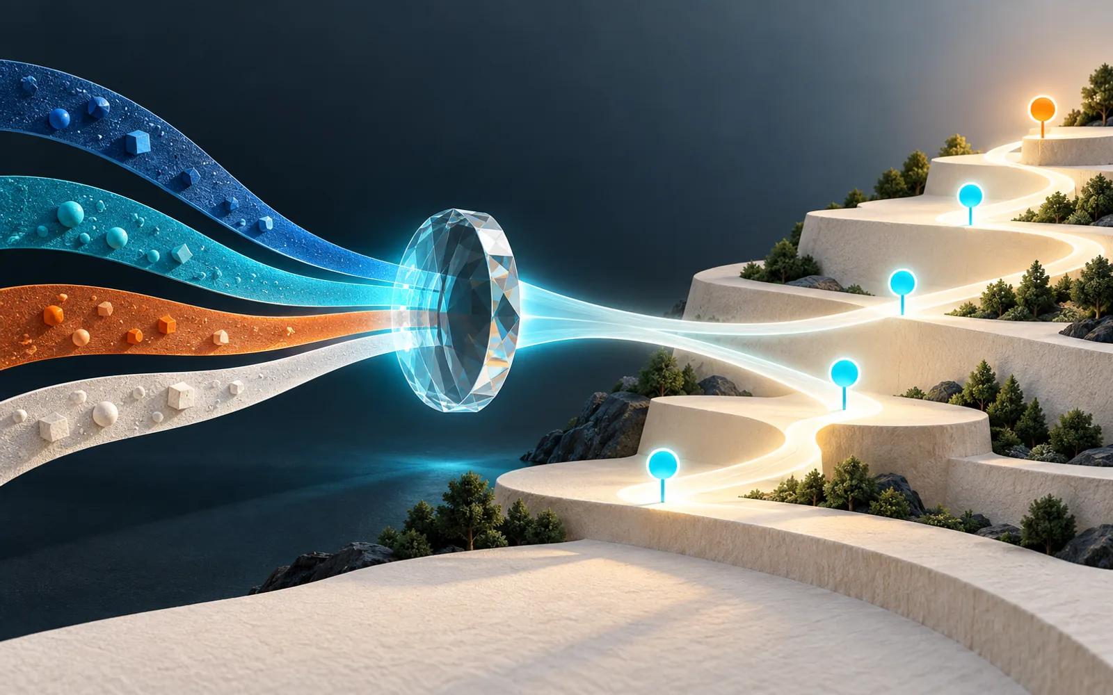 Four data streams converging through an analytical lens into terraced adoption pathways.