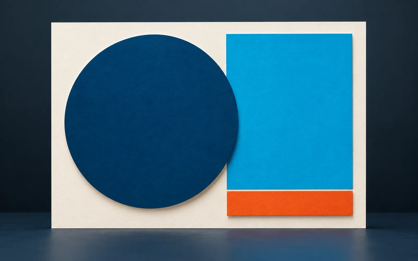 A navy circle, cyan rectangle, and orange bar form a precise asymmetrical composition on warm paper.