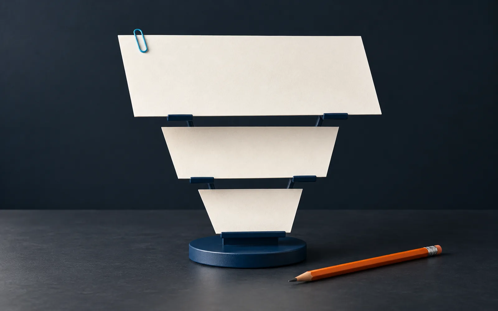 Blank paper sheets form an inverted pyramid beside an editor's pencil, illustrating concise newsroom writing.