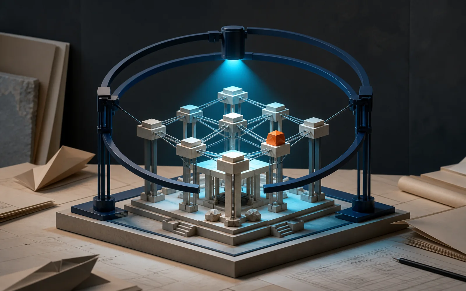 A protected networked architectural model stands beneath a focused inspection light.