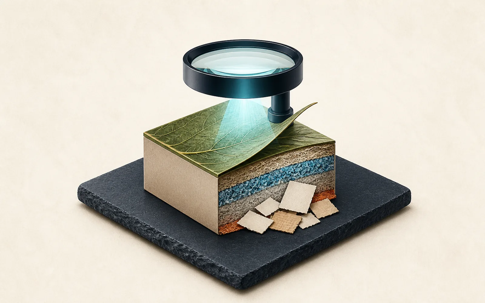 A compact inspection lens peels back a leaf veneer to reveal contrasting material layers and evidence fragments.