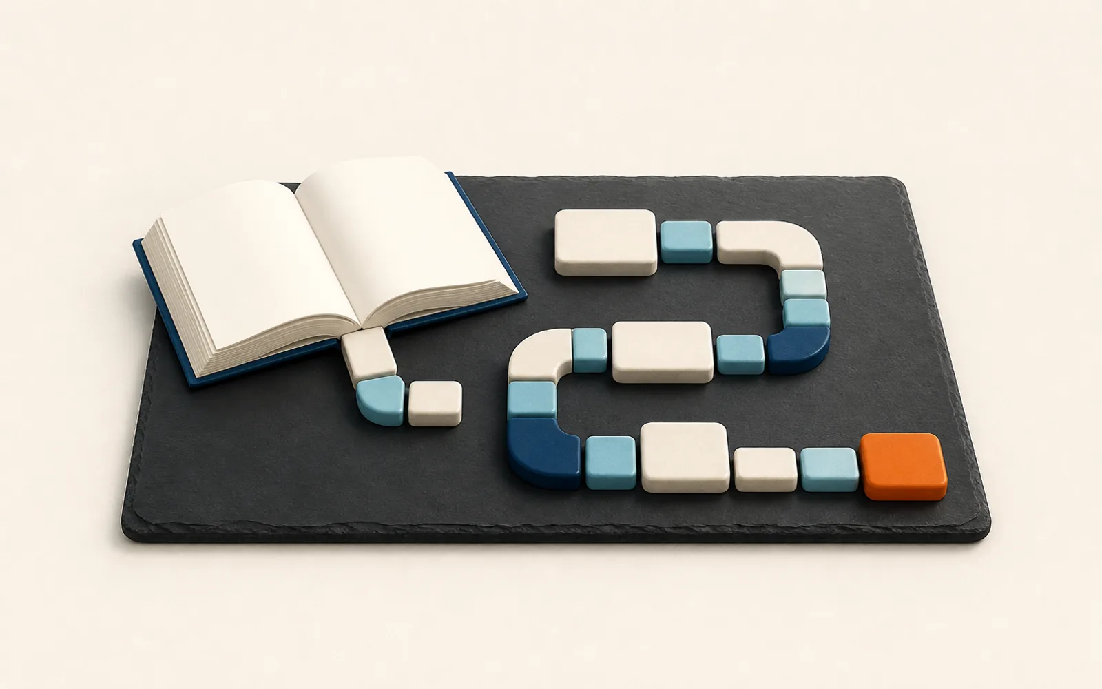 An open blank study book becomes a looping path of unmarked learning tiles ending at an orange terminal block.
