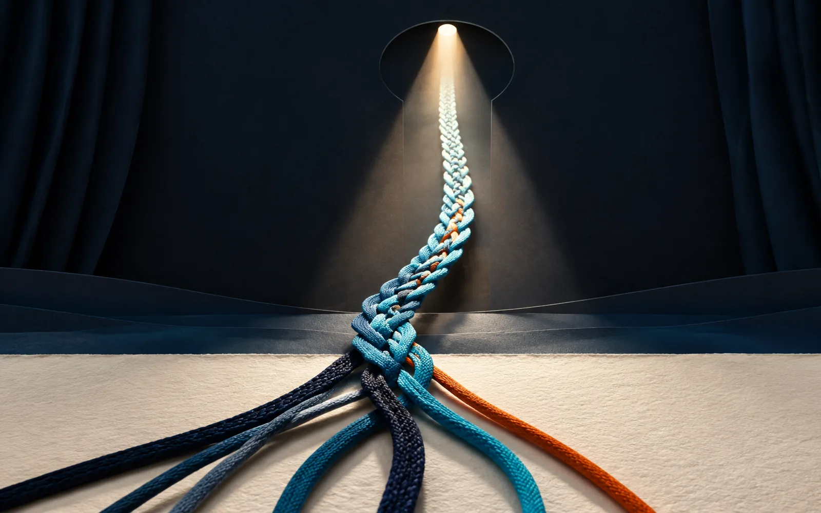 Loose navy, cyan, and orange cords braided into one rising strand beneath a stage spotlight.