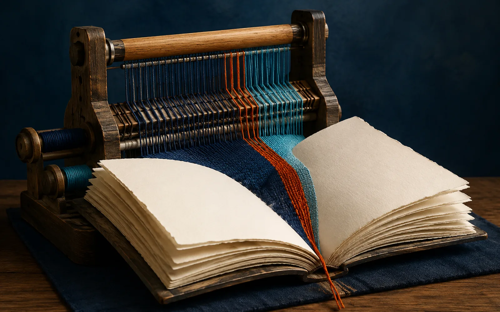 Wooden loom weaving navy, cyan, and orange threads into the blank pages of an open book.