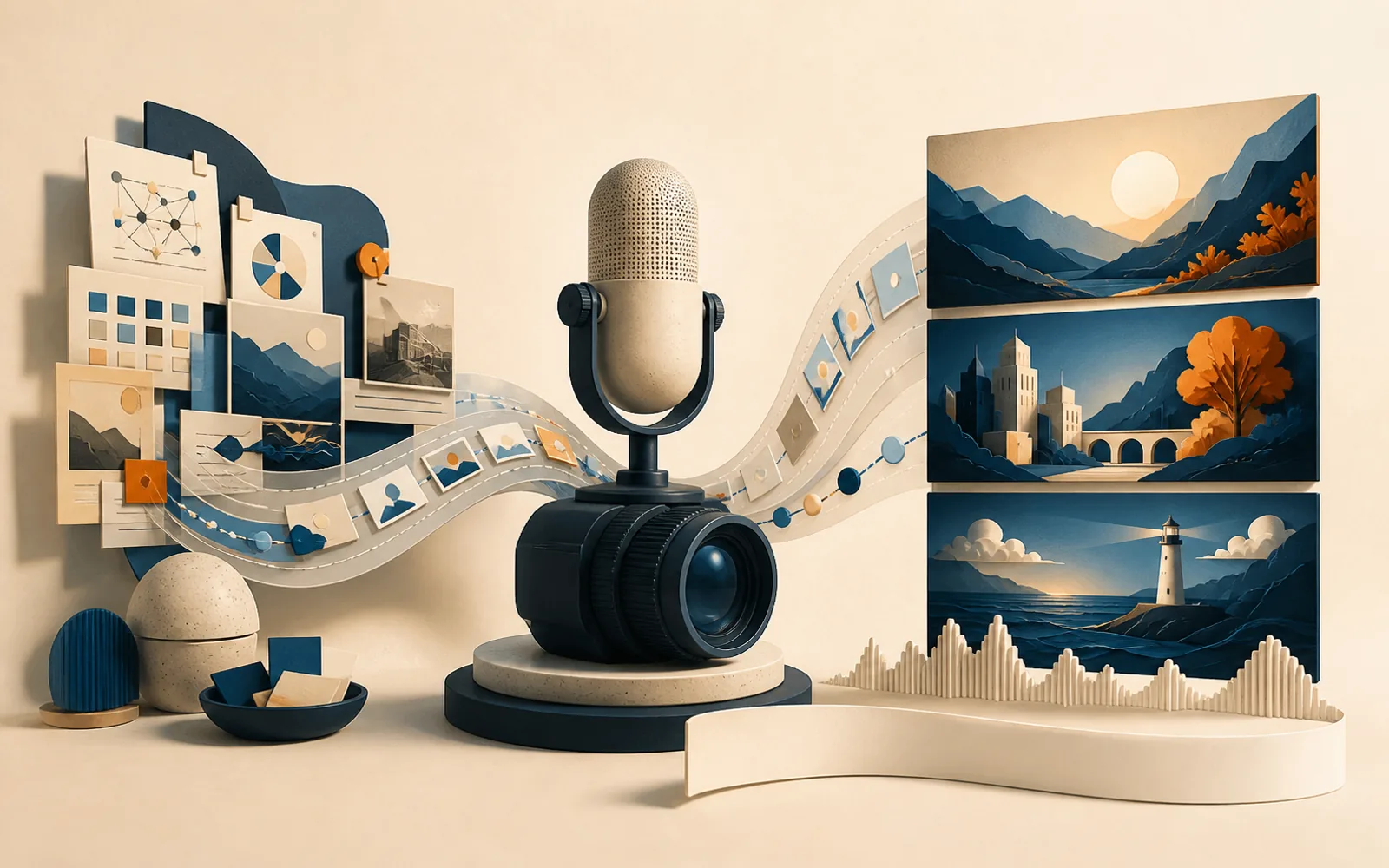 A sculptural microphone and camera connect research cards to three illustrated story frames and an audio waveform.