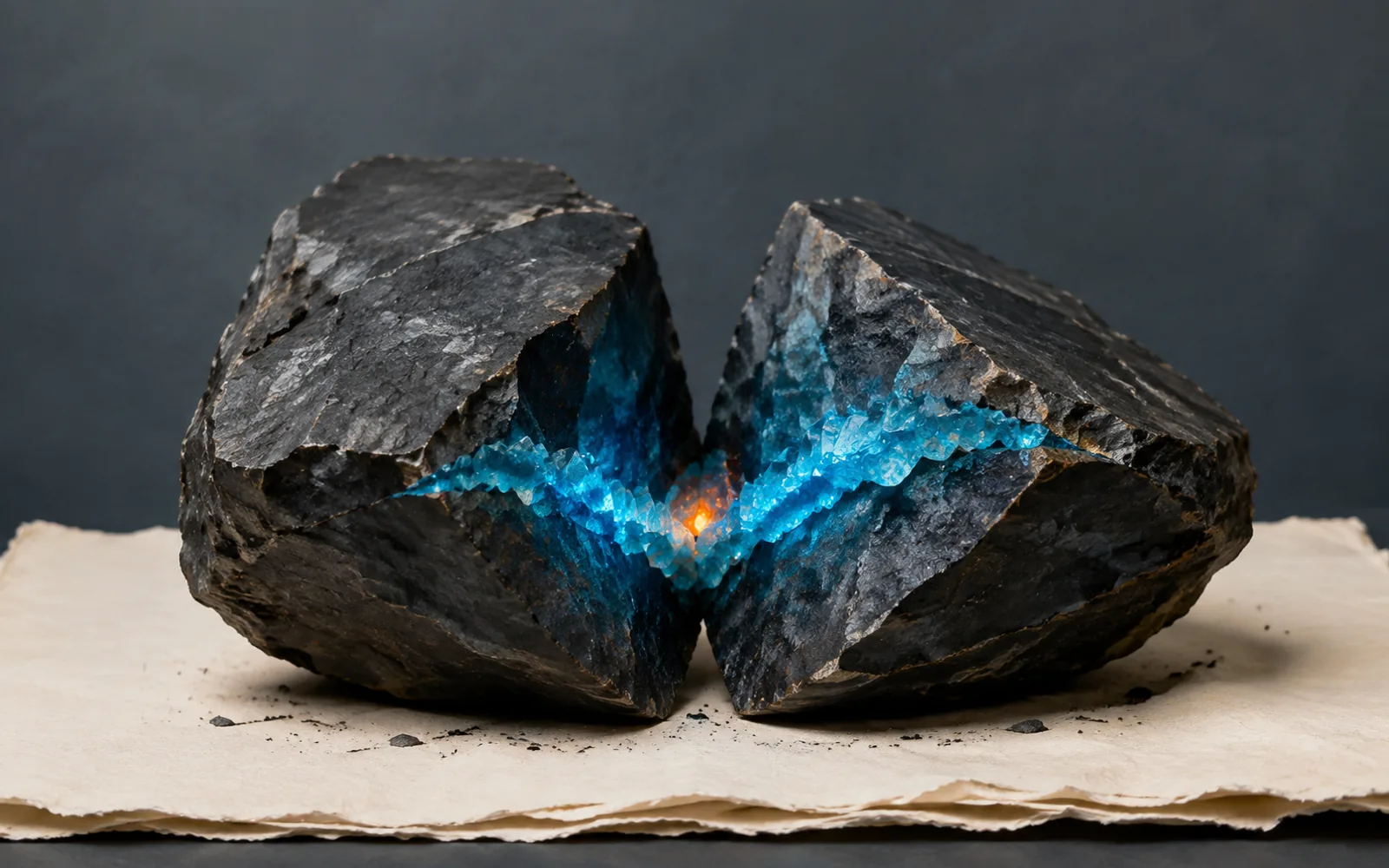 Dark split mineral revealing a vivid cyan crystalline vein and a small orange glow.