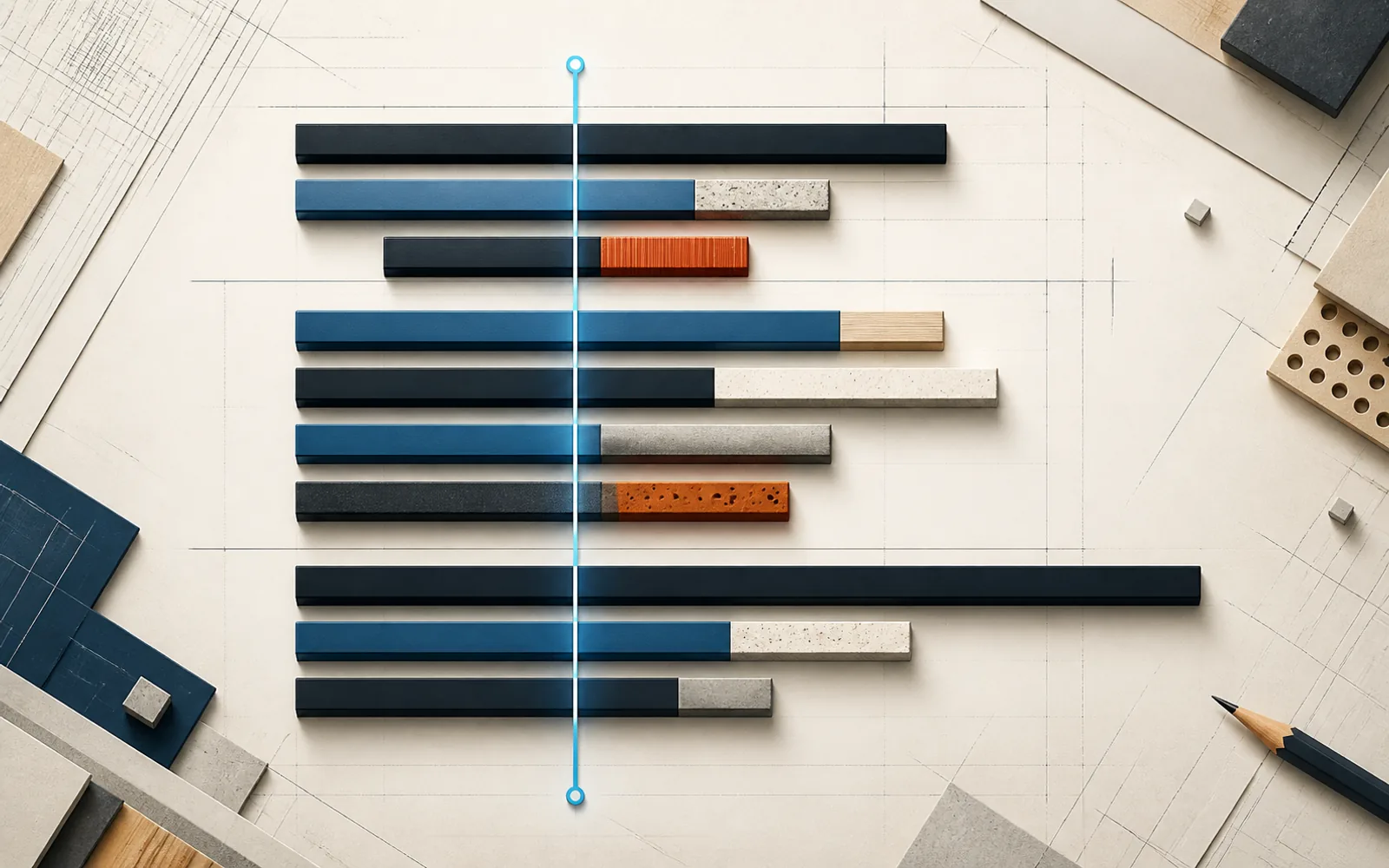 Parallel project beams span a layered timeline while completion inlays advance and a vertical cyan marker shows the present.