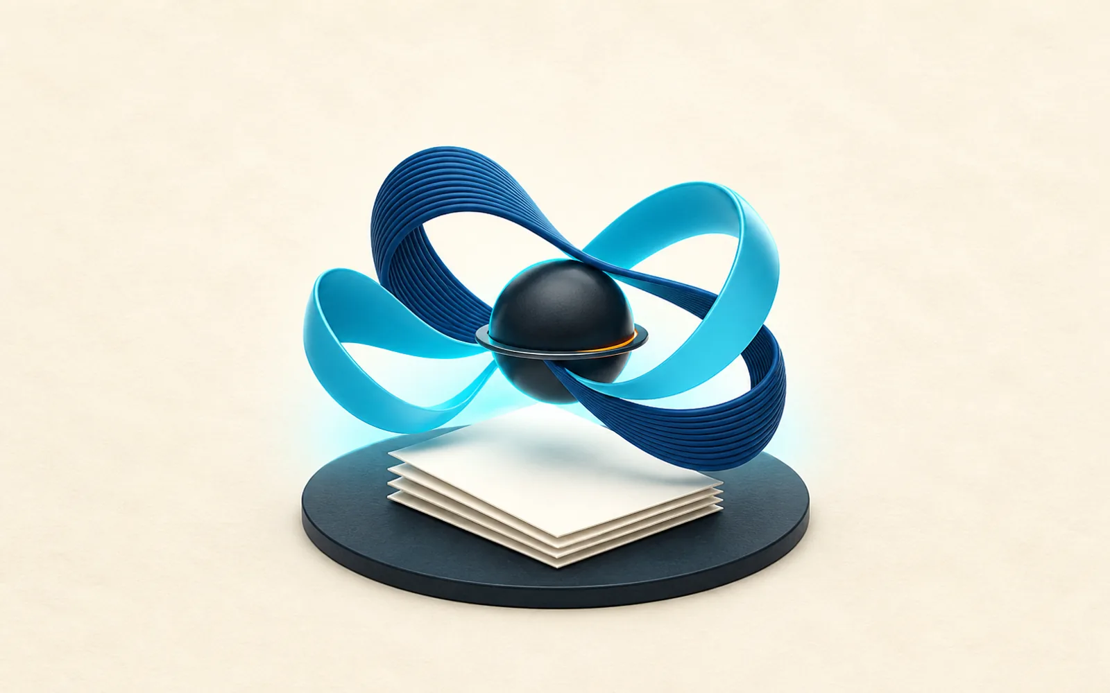 Two acoustic ribbons weave around a central resonator above blank source sheets.