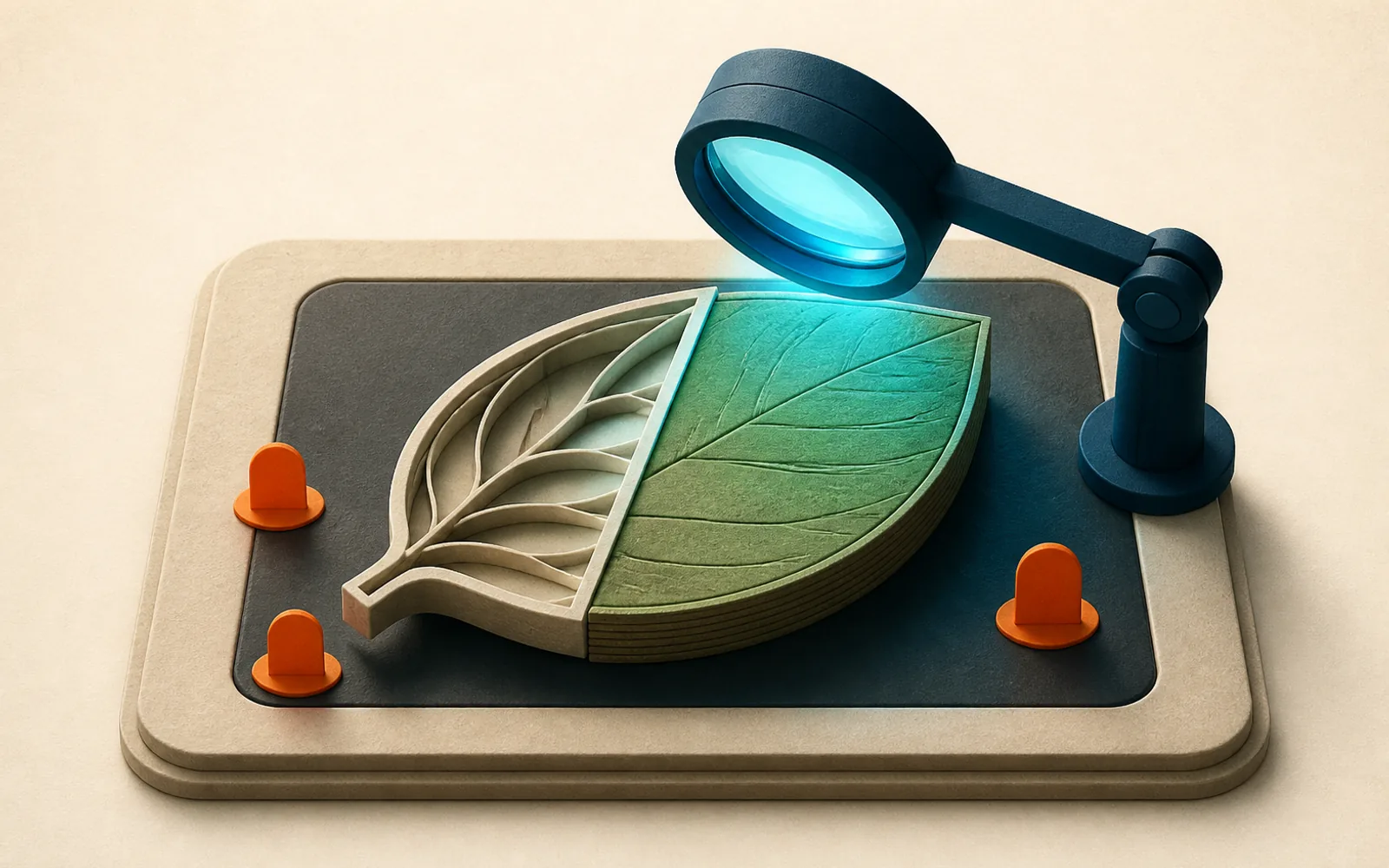 A cyan inspection lens reveals the hollow veneer and rooted core of a leaf-shaped claim token.