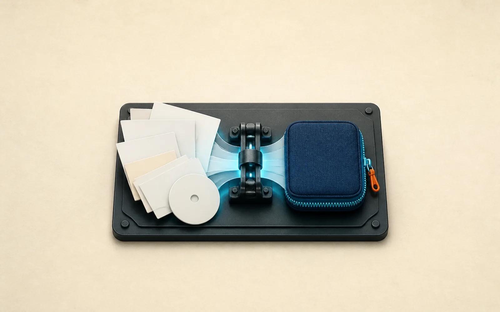 Blank file sheets converge through a clasp into a single zippered archive pouch.