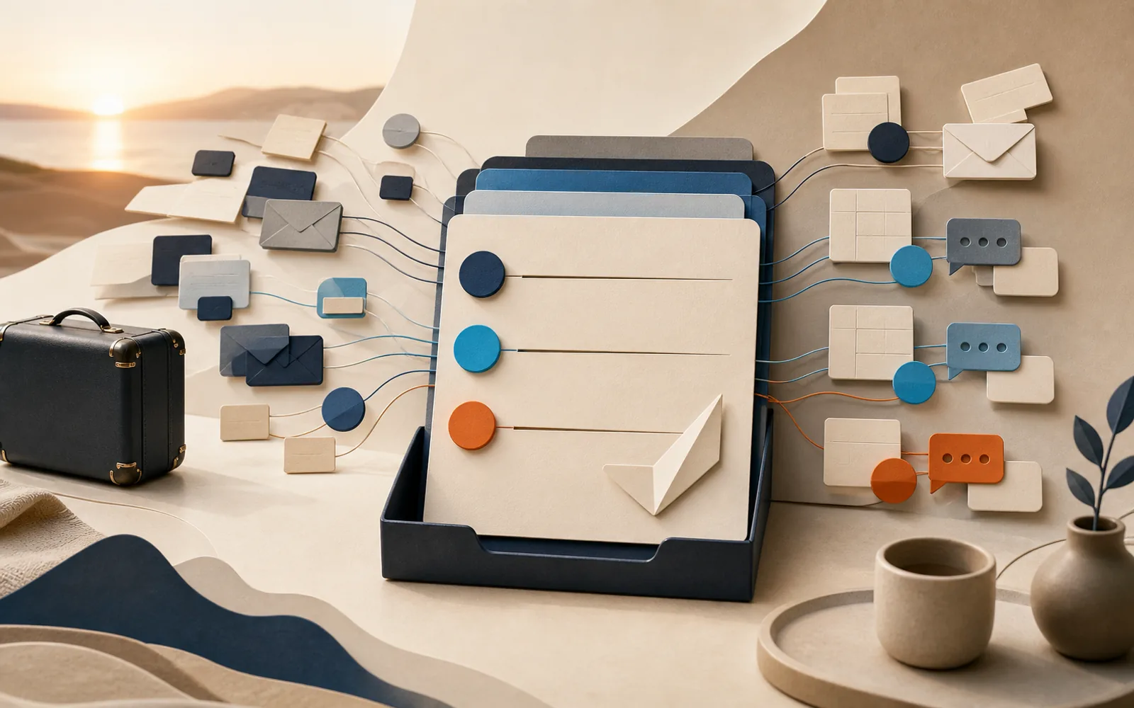 Mail, meeting, and conversation signals converge into a calm three-level briefing beside a packed travel case.