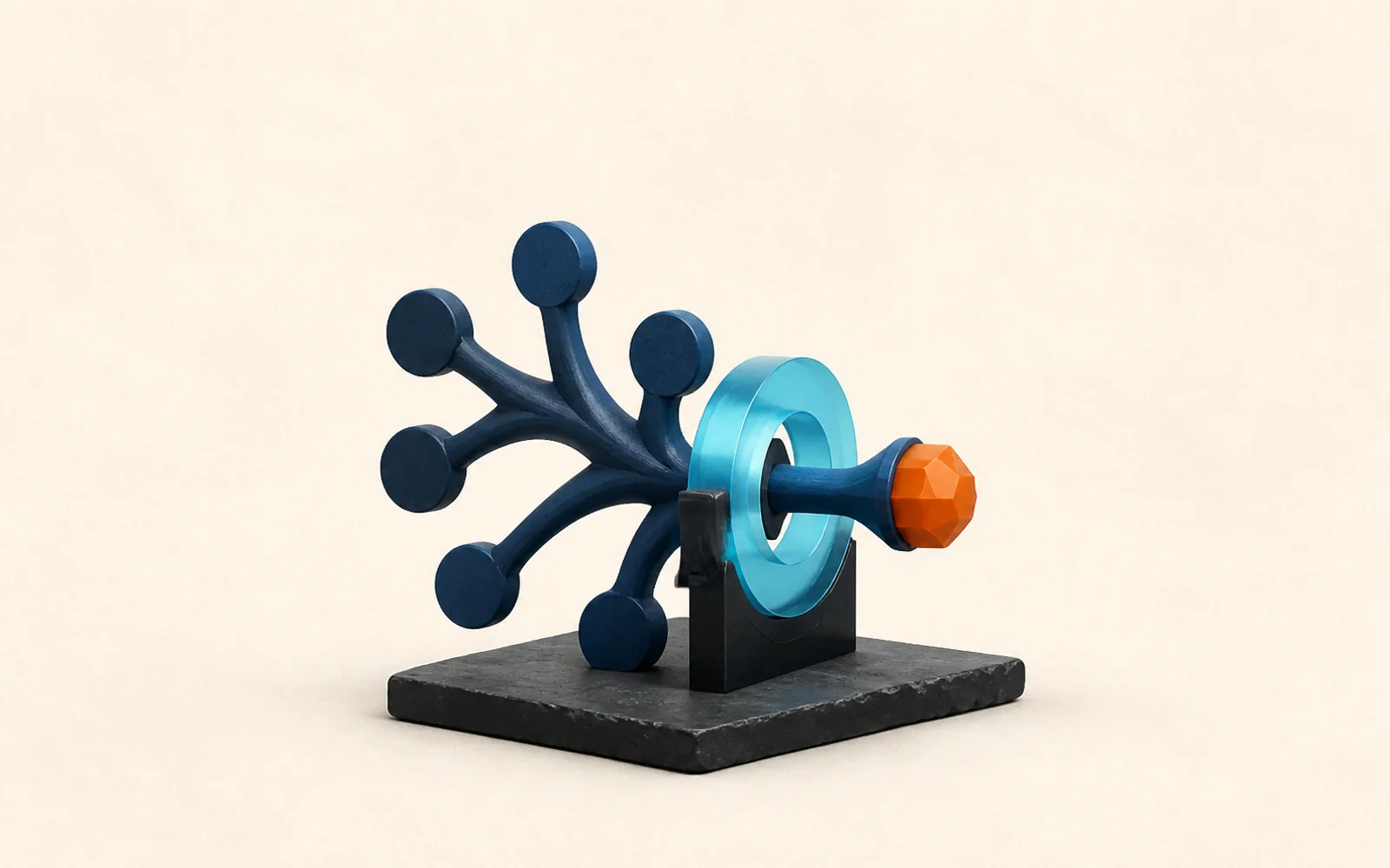 A branching decision sculpture passes through a precision aperture into a polished central facet.