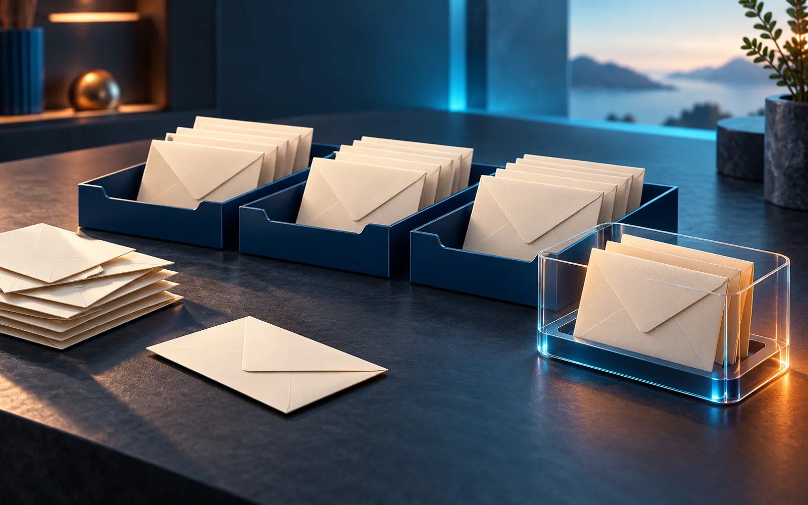 Blank envelopes sorted into navy trays beside a protected clear cradle.