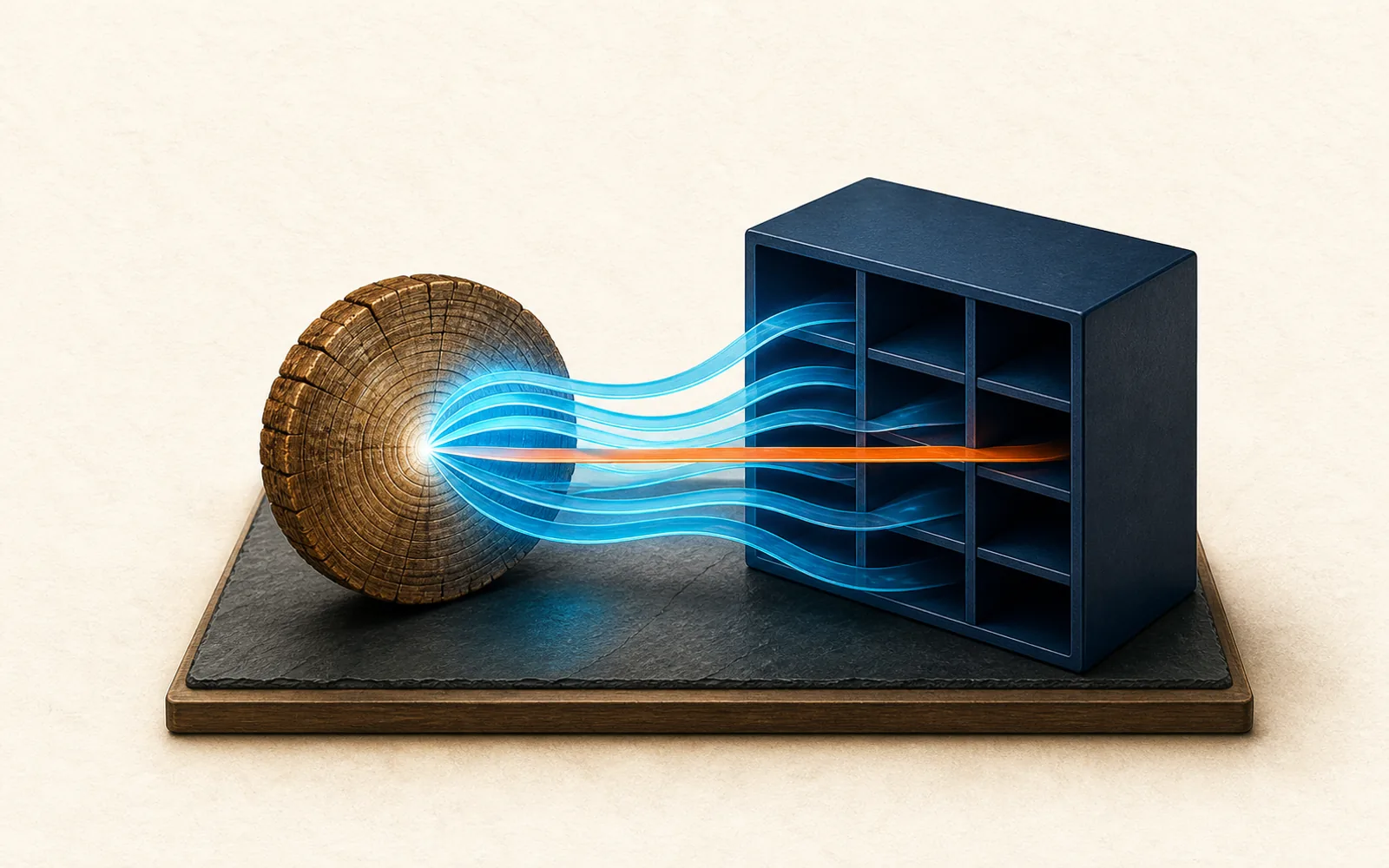 Smooth knowledge ribbons flow from a tree-ring memory disc into a blank structured archive.