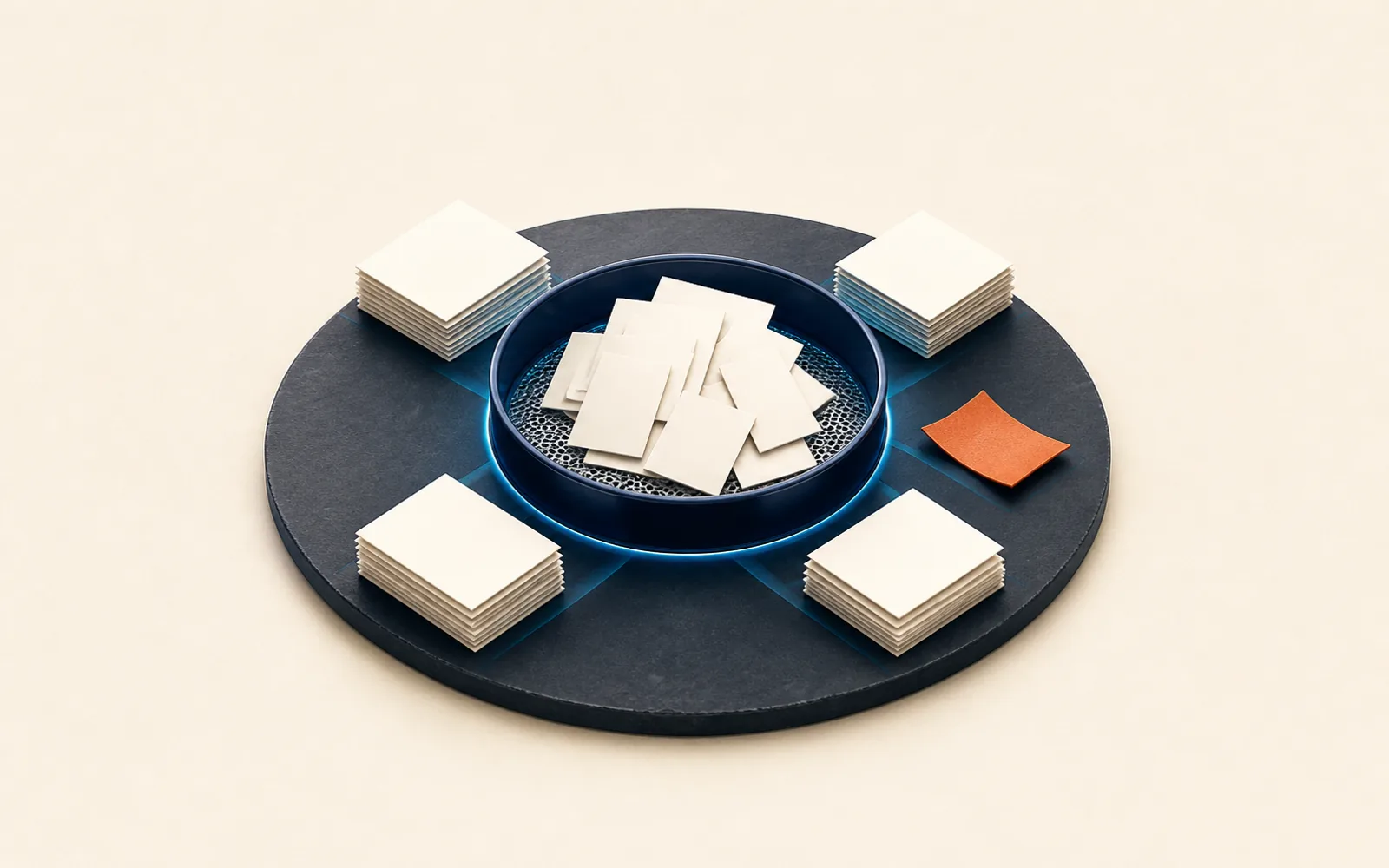 Blank documents pass through a central sorting sieve into four organized stacks and one orange review item.