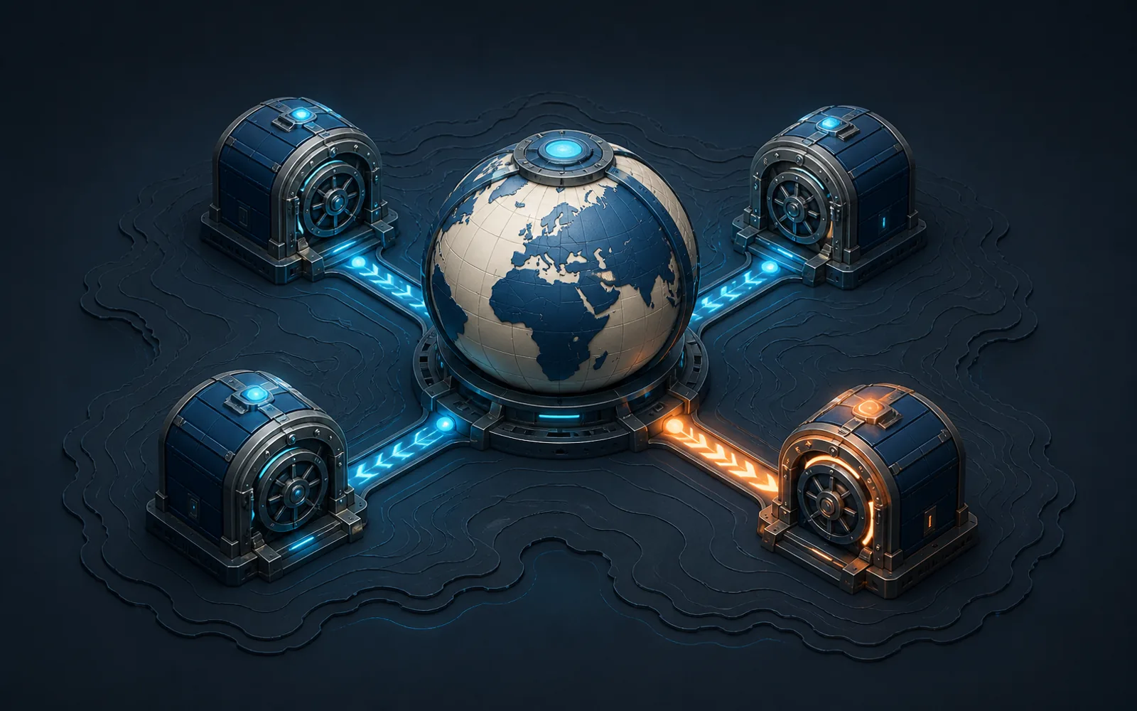 A central globe routes knowledge pathways to four region-specific archives, with one local path highlighted.