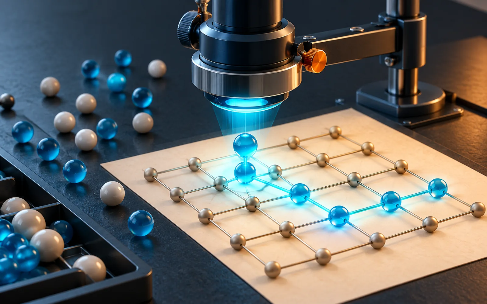 A precision optical instrument verifies colored nodes against a geometric lattice.