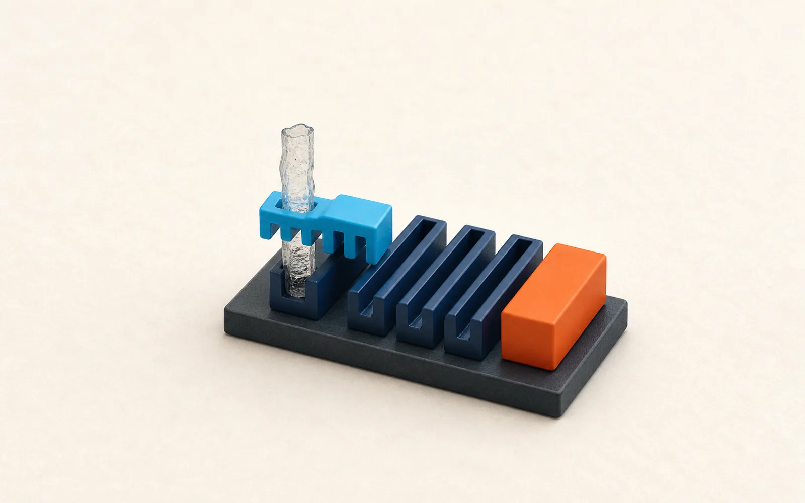 A translucent lab column passes through a matching comb into a canonical channel beside a plain review block.