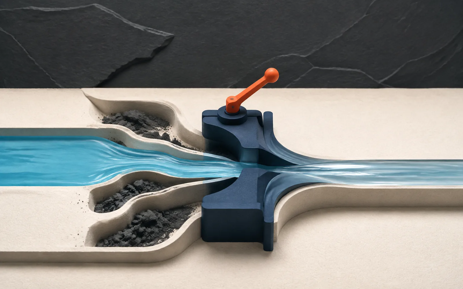 Orange-handled gate narrowing a blue flow while dark debris diverts into side channels.