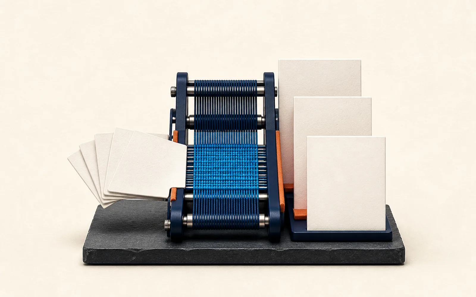 Blank evidence cards pass through an editorial loom and emerge as three coherent publication forms.