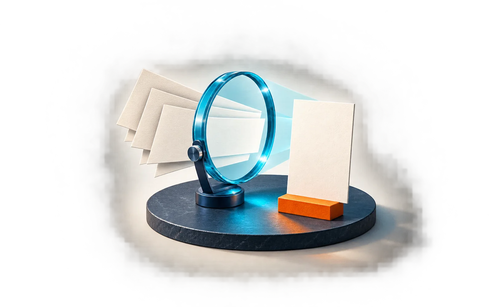 Blank source slips align through a cyan glass lens into one polished portrait card.