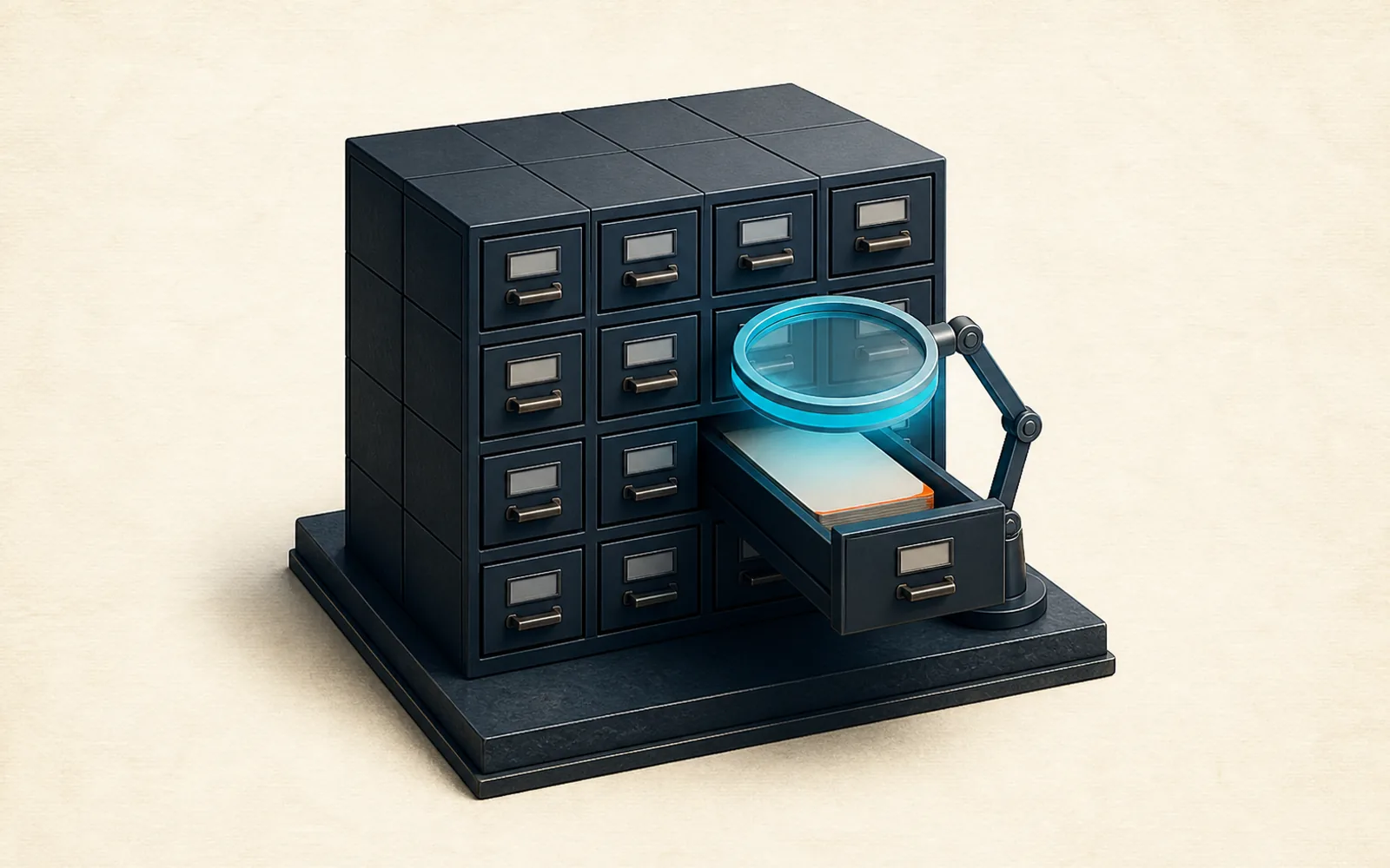 A cyan inspection lens examines one blank record drawn from an orderly archive.