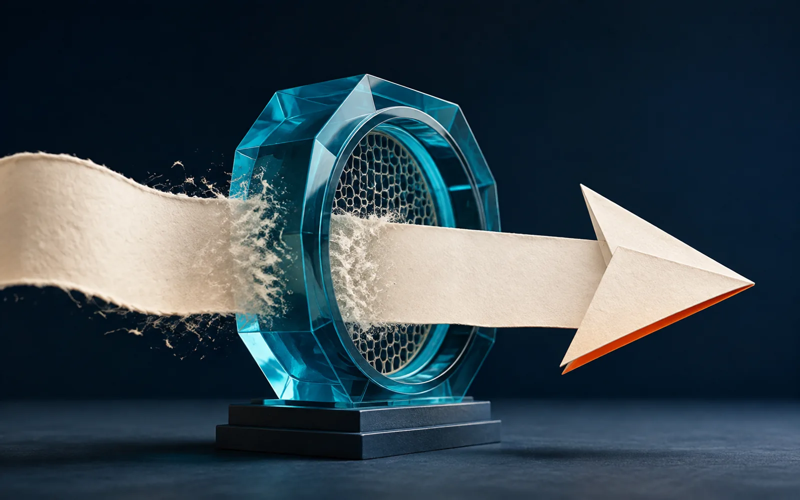 Blank paper ribbon passing through a cyan glass sieve and emerging as an orange-edged arrow.