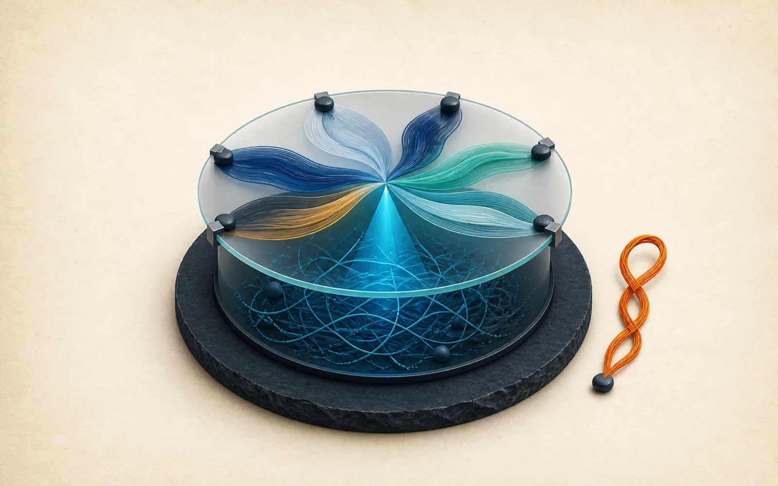Voice ribbons converge across a translucent meeting table while hidden threads appear below its surface.