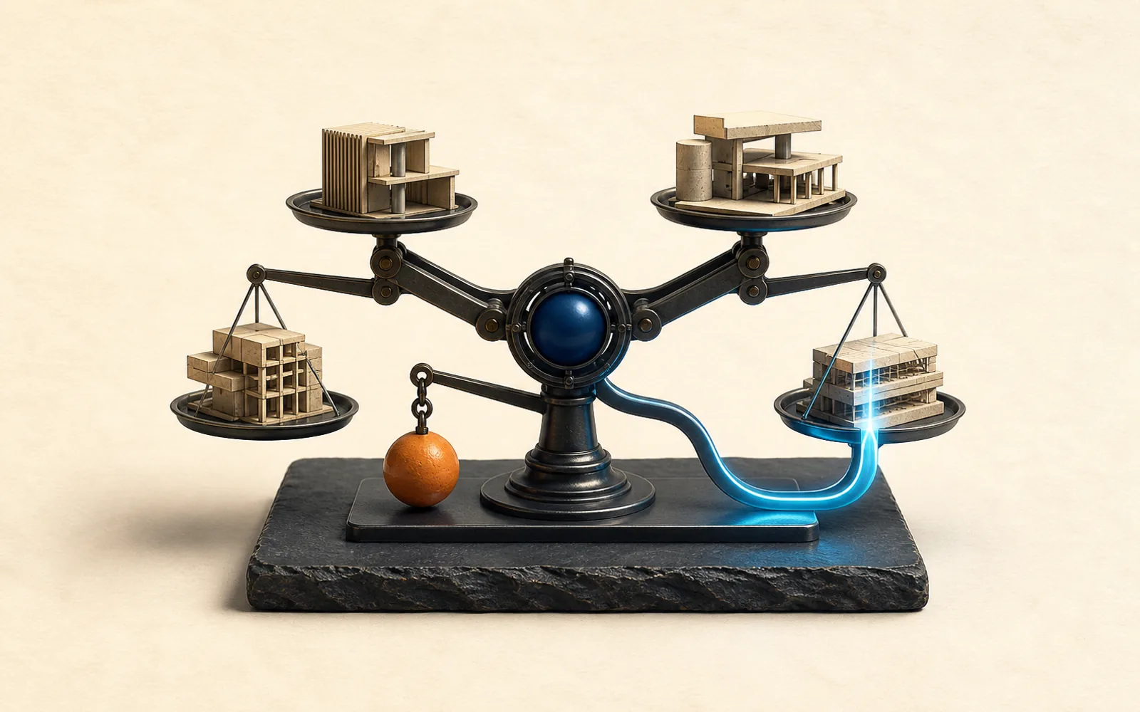 A precision balance weighs four architectural modules and highlights one selected platform.