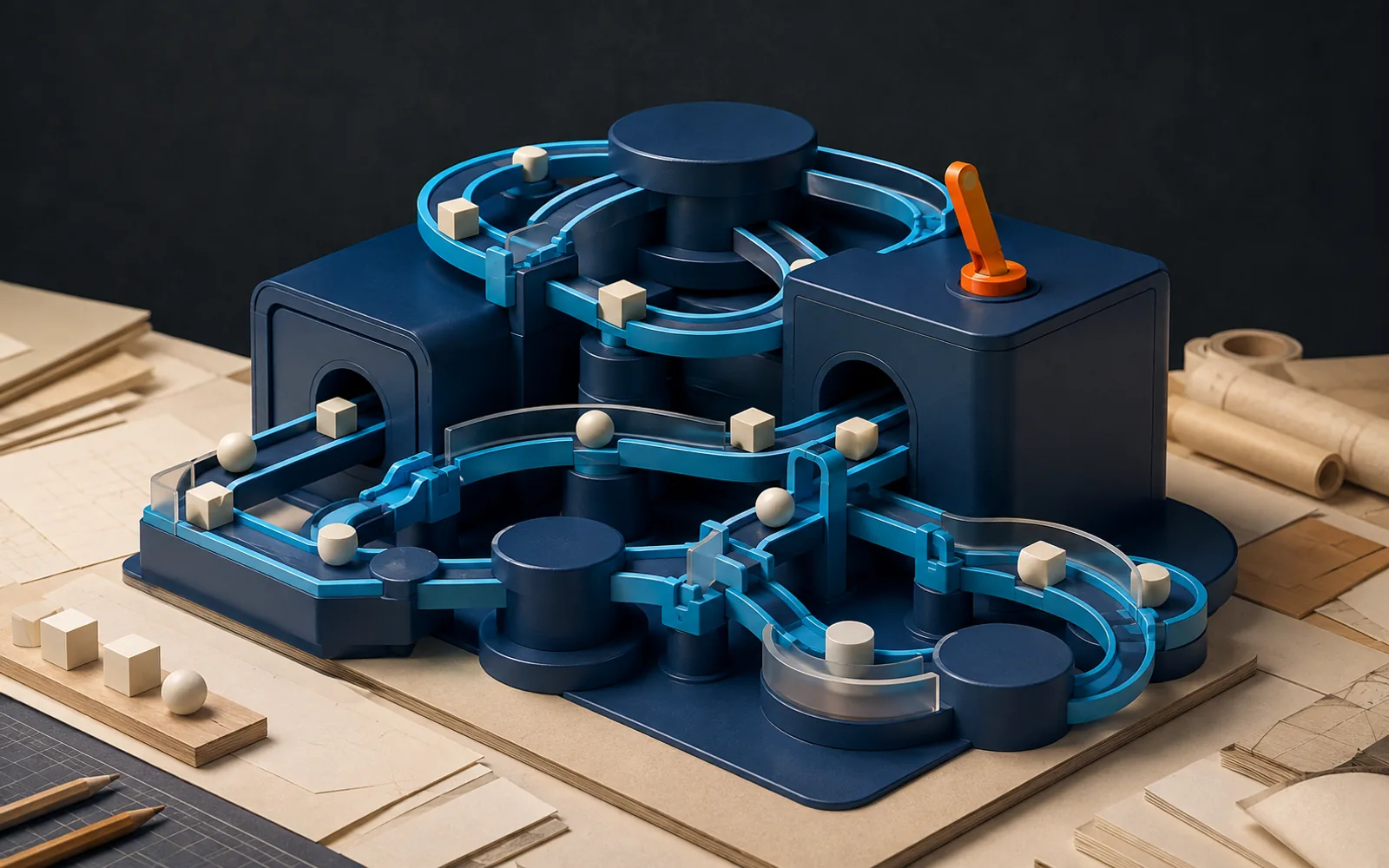 Navy routing machine carrying blank shapes along cyan rails through smooth hubs and recovery loops.