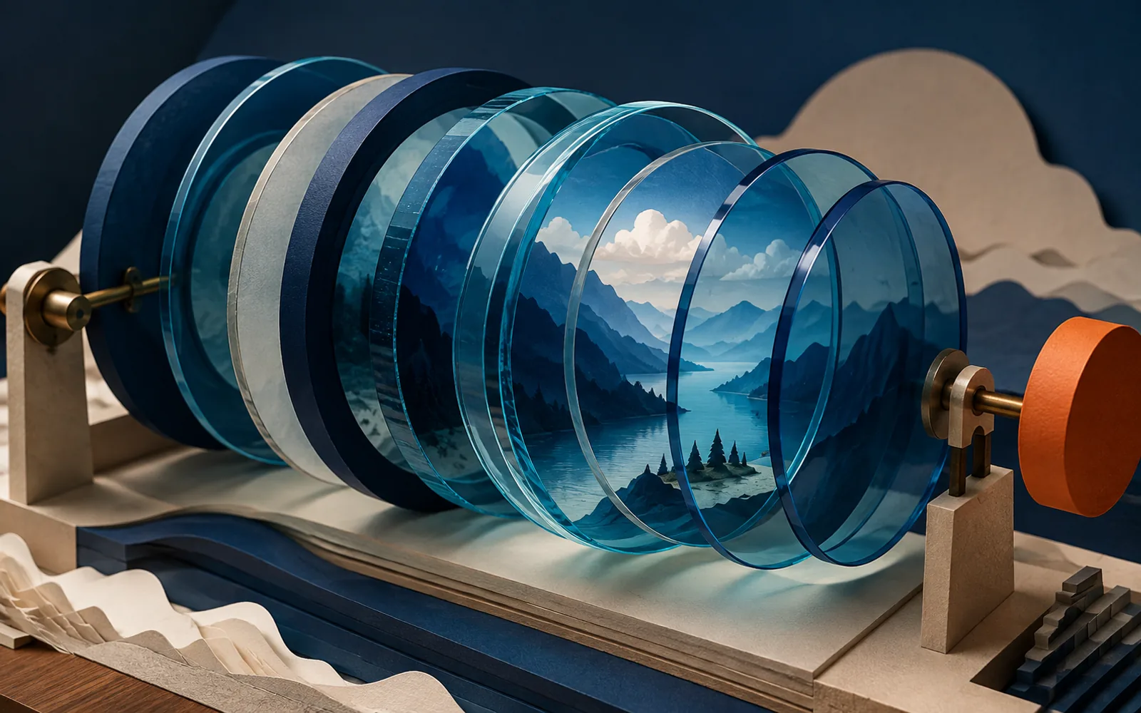 Overlapping navy and cyan lenses aligning layered mountain fragments into a single lake landscape.