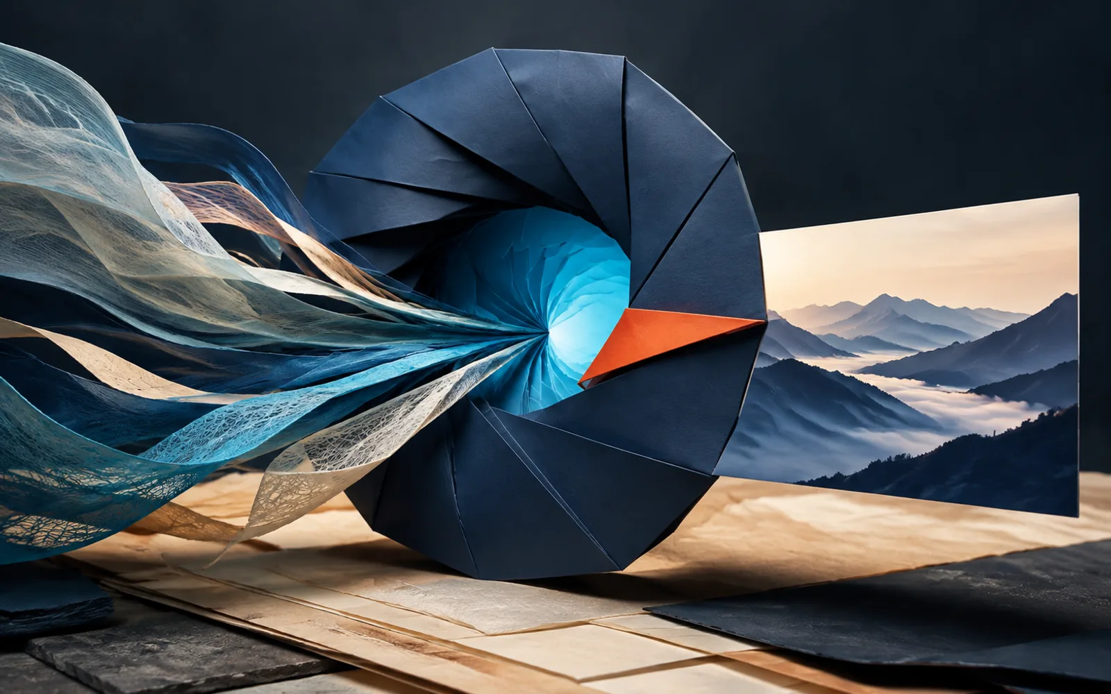Navy folded aperture drawing in translucent material ribbons and projecting a finished mountain landscape.
