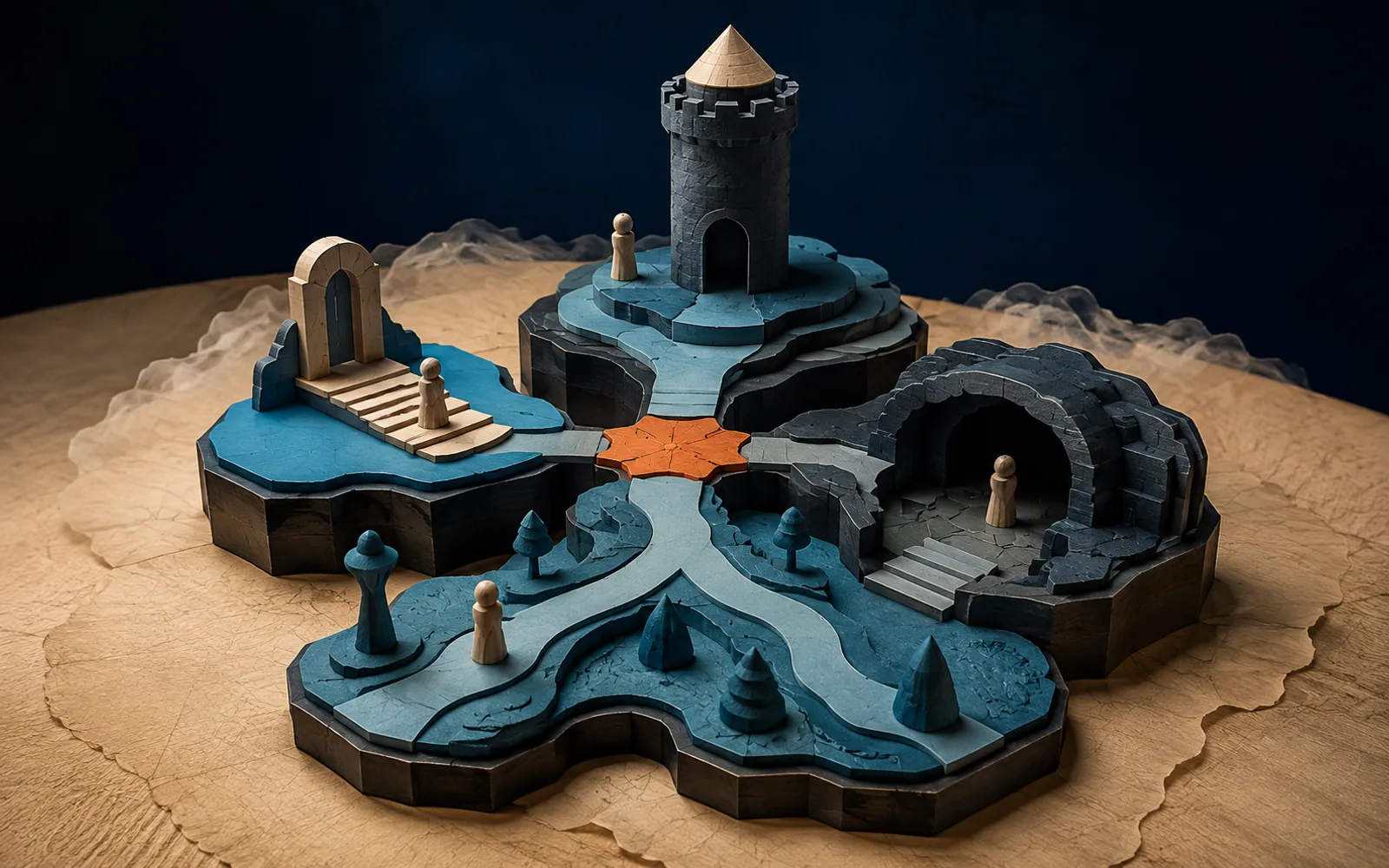 Modular cyan and slate tabletop terrain with branching paths, a tower, cave, portal, and orange keystone.