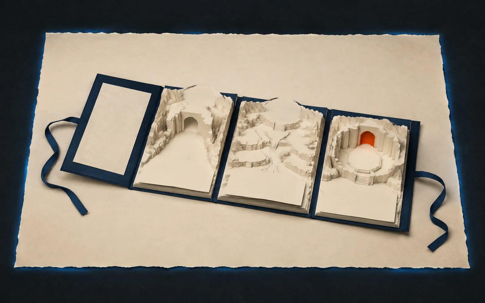 An open navy folio unfolds into three connected paper-cut adventure landscapes ending at an orange-lit chamber.