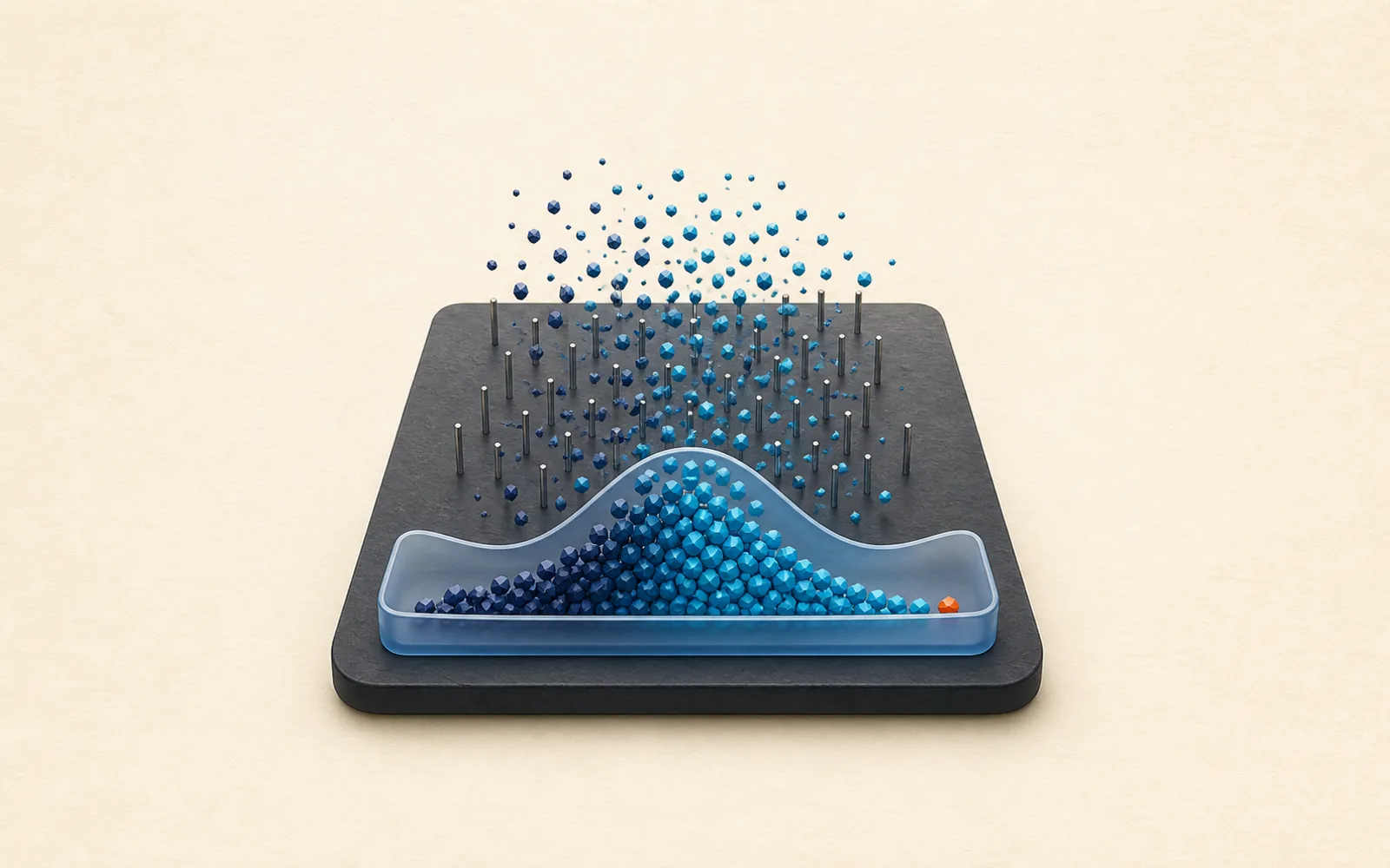 Faceted samples cascade through a randomizing field and settle into a smooth probability basin.