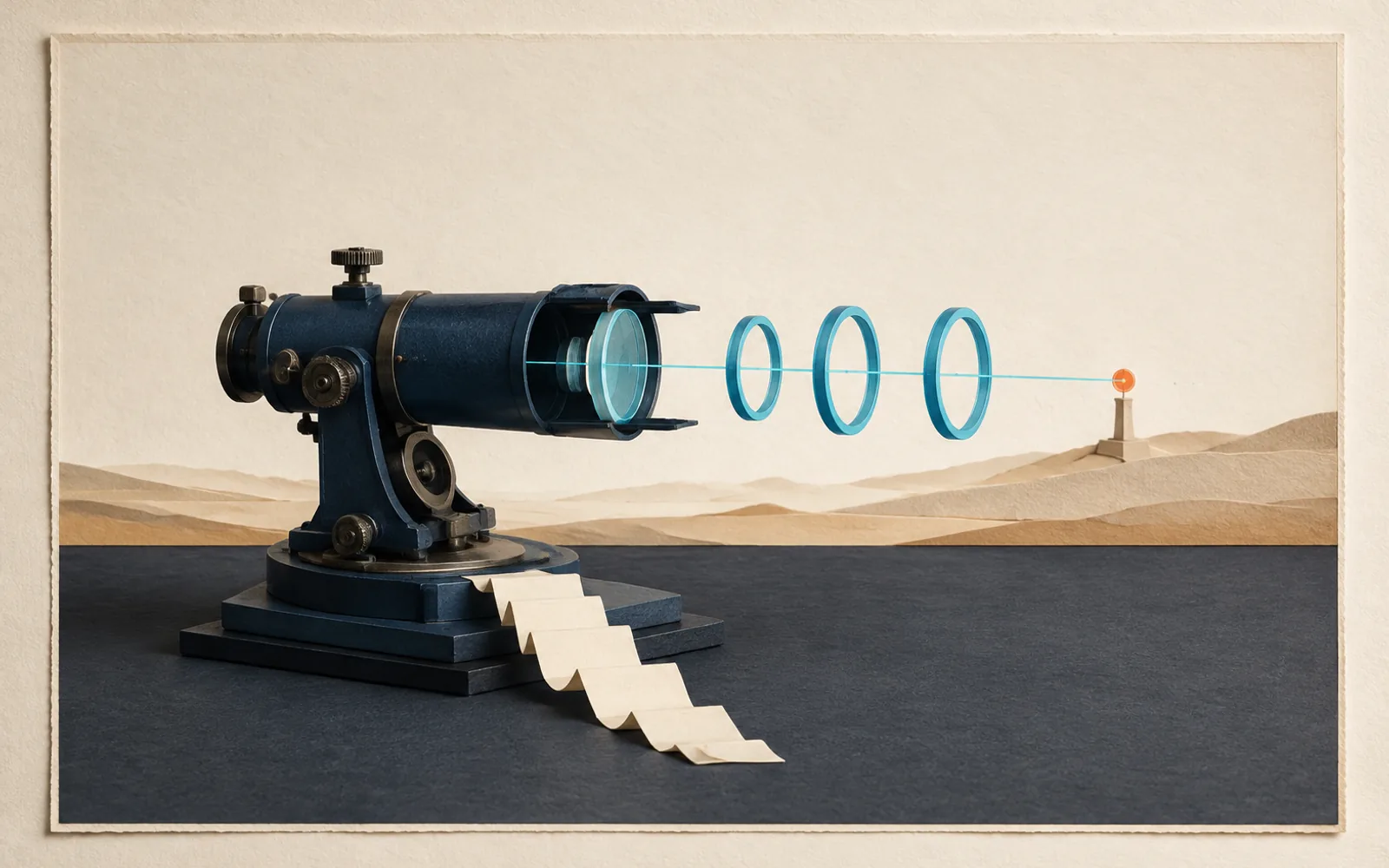 A navy telescope aligns three cyan rings with a distant orange beacon above a trail of blank paper steps.