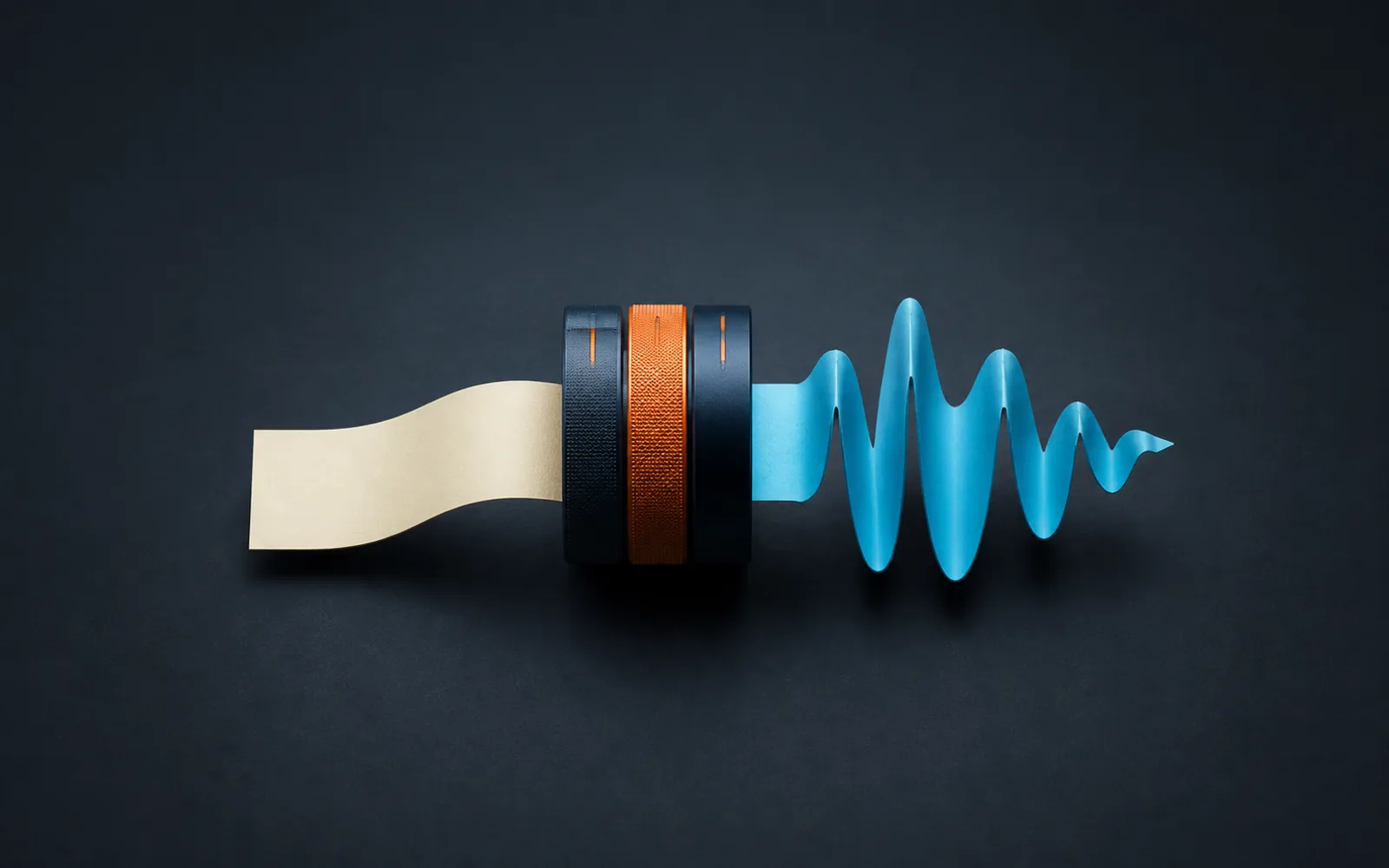 A blank paper ribbon passes through three tuning rings and emerges as a distinctive cyan waveform.