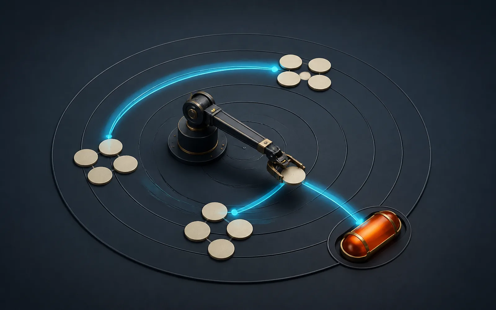 A clockwork arm follows recurring cyan paths between signal clusters and an orange delivery capsule.