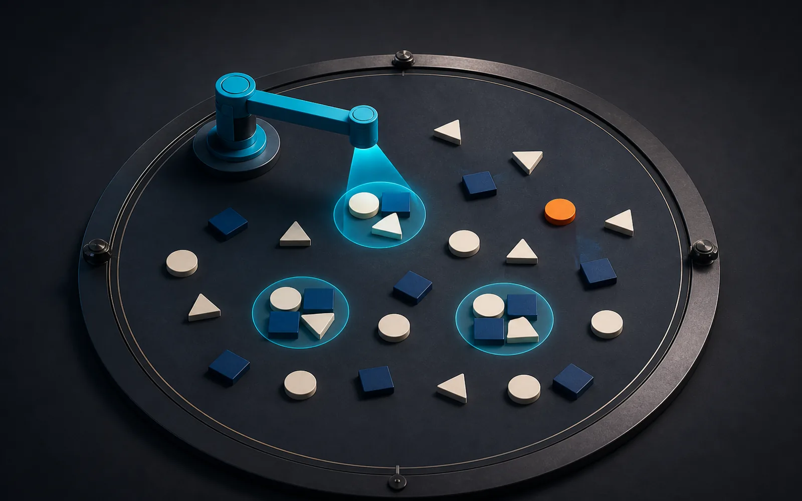 A compact scanning arm reveals three repeating clusters among scattered blank geometric tokens.
