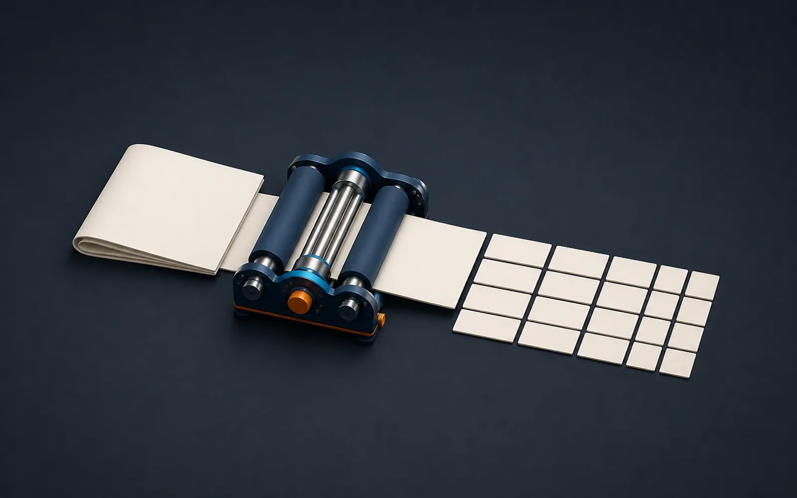 A folded blank document passes through precision rollers and emerges as an orderly matrix of blank data tiles.